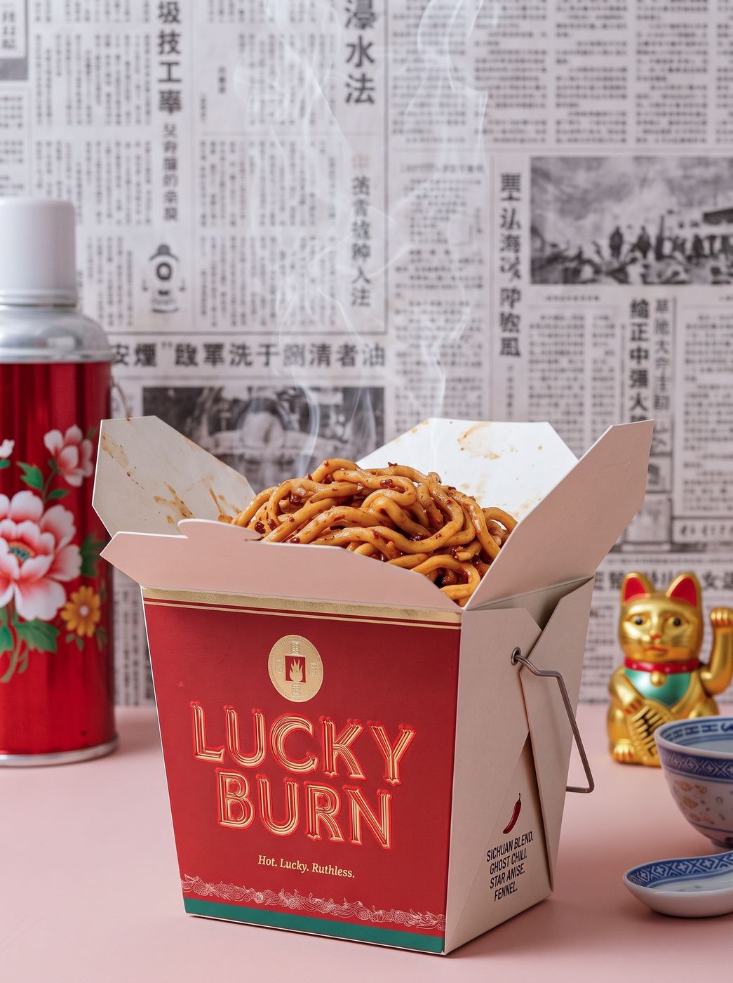 Lucky Burn concept: chilli noodles in a red takeaway box