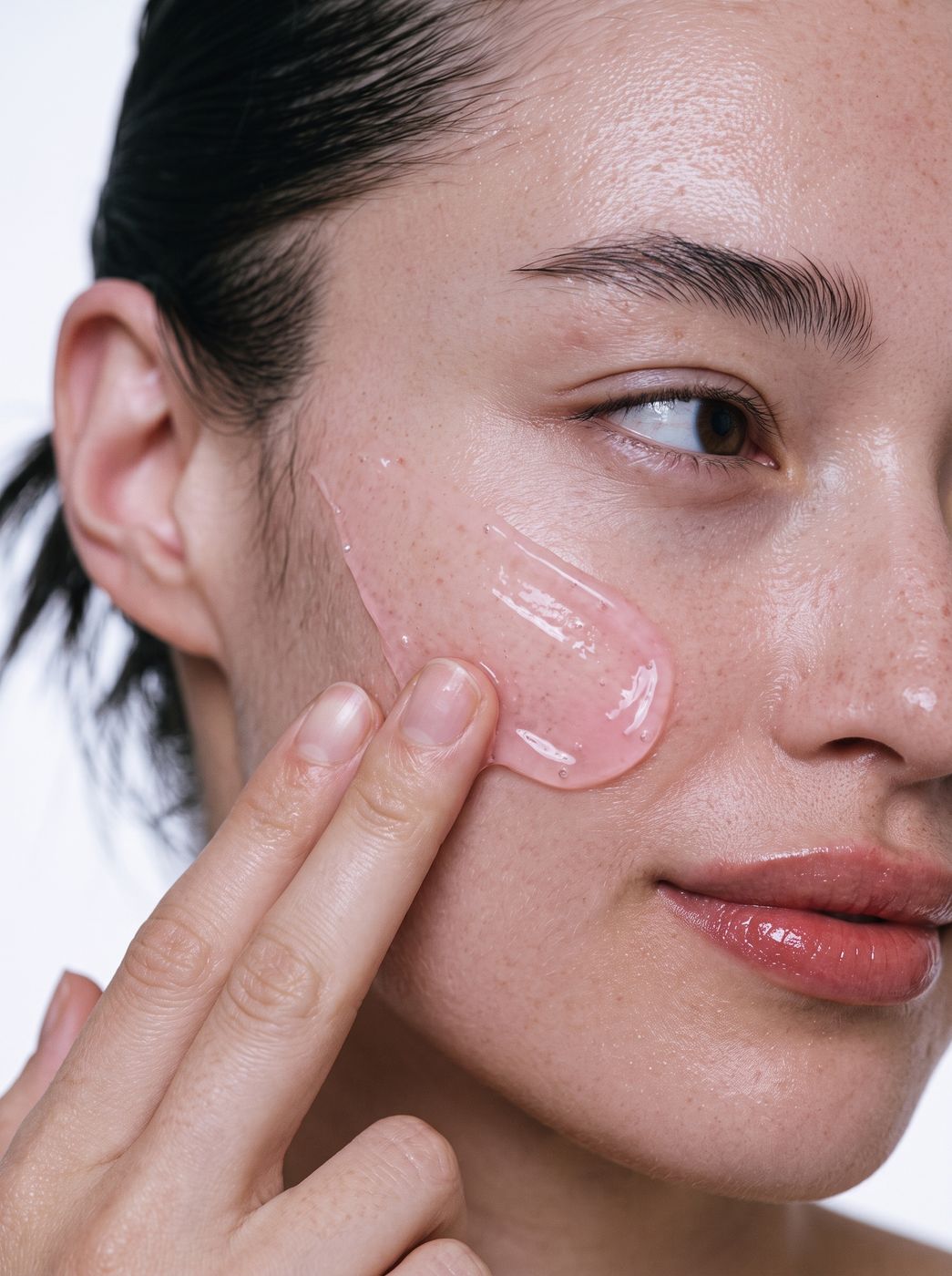 Medicube concept: pink serum gel smoothed onto a freckled cheek